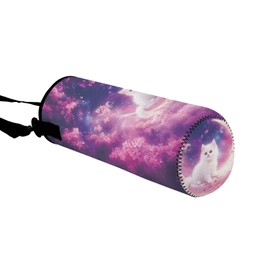 HUGS IDEA White Cat Water Bottle Holders Moon Galaxy Crossbody Waterbottle Sleeve for Travel, Hiking, Fits 1L Bottles, Adjustable Strap Water Bottle Carrier for Women