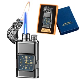 Torch Lighter, Magic Dual Flame Dragon Lighter with Portable Size, Windproof Lighter with Visible Fuel Tank, Adjustable Flame Refillable Butane Lighter for Men Friends Gifts (Without Butane)- Black-d
