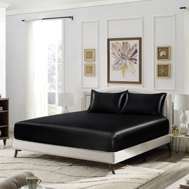 SiinvdaBZX 3-Piece Set Satin Twin XL Fitted Sheet & 2 Pillowcase, Black Silky Soft Fitted Bottom Sheet Twin Extra Long Bed Sheets, Wrinkle Free, Fade Resistant (Deep Up to 15")