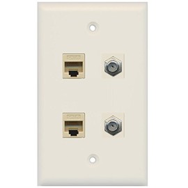 RiteAV - 2 Port Coax Cable TV- F-Type 2 Port Cat6 Ethernet Wall Plate - Light Almond