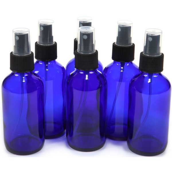 6 New High Quality 4 oz Cobalt Blue Glass Bottles with Black Fine Mist Sprayer by Vivaplex