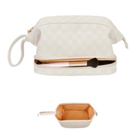 NGIL Faux Leather Cosmetic Bag for Women, Makeup Bag Organizer, Makeup Brush Storage, Portable Travel Bag for Toiletries (Checkered, Cream, Medium)