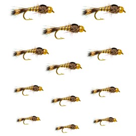 Outdoor Planet 12 Gold Bead Gold Ribbed Hare's Ear Nymph Trout Fly Lure Assotment for Wet Fly Fishing Flies
