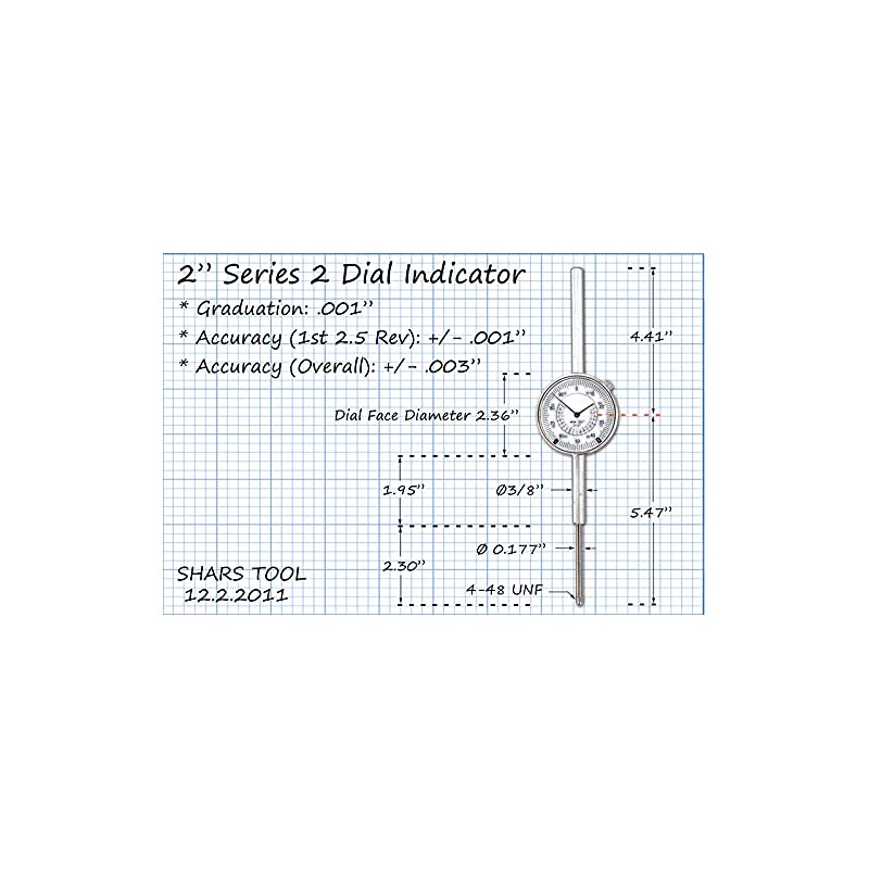 Shars 2" High Precision Dial Indicator, 0-2" Range, 0.001" Graduation,