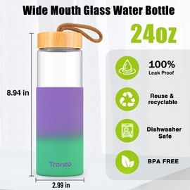 Tronco 24oz Borosilicate Glass Water Bottle with Bamboo Lid, Non-Slip Silicone Sleeve, Leak-Proof and Reusable Glass Bottle Perfect for Travel, Gym, and Everyday Use, BPA-Free, Dishwasher Safe