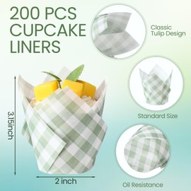 Maxdot 200 Pcs Sage Green Plaid Tulip Cupcake Liners for Baking Paper Muffin Baking Cups Checkered Tulip Muffin liners Wrappers for Bridal Baby Shower Wedding Birthday Party Decor