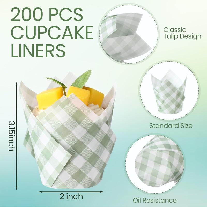 Maxdot 200 Pcs Sage Green Plaid Tulip Cupcake Liners for