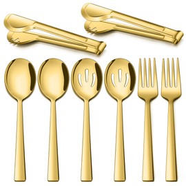 LIANYU Gold Serving Utensils Set of 8, Stainless Steel Serving Spoons, Slotted Spoons, Serving Forks, Metal Tongs for Kitchen Buffet Party Banquet Entertaining, Mirror Finished, Dishwasher Safe
