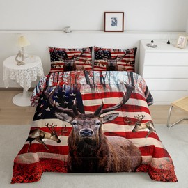 American Flag Comforter Set, Cute Deer Down Comforter Twin For Kids Boys Teens, United States Bedding Set Usa Federations Stars Duvet Sets Geometric Stripes Bedroom Decor With 1 Pillowcase