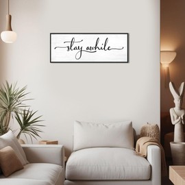 Stay Awhile Wall Decor Sign 40"×15" Large Living Room Above Couch Over Door Guest Bedroom Wall Decor Farmhouse Framed Canvas Wall Art