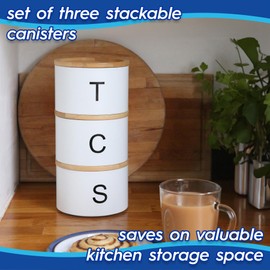 Harbour Housewares Stackable Tea Coffee Sugar Canisters with Bamboo Lids - Monochrome - Stacking 3pc Tea Coffee and Sugar Canisters Set Airtight Kitchen Organiser Food Storage Jars