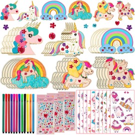 398 Pieces Unicorn Wooden Craft Set, Unicorn Craft Set, Children's Birthday Crafts, with 30 Unicorn Wood, 354 Rhinestones, 12 Colouring Pencils, 2 Stickers, Craft Children for Girls/Boys DIY Craft A