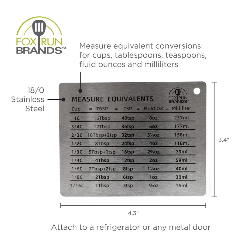 Fox Run Stainless Steel Kitchen Conversion Chart Magnet for Refrigerator