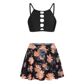 ZAFUL Women's High Waisted Bikini Sets Swim Skirt Summer Sporty Two Piece Swimsuits Casual Tummy Control Beach Bathing Suits(Black Flower,M)
