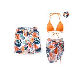 PATPAT Couples Matching Swimsuit - Drawstring Waist Swim Trunks with Lining Board Shorts His and Hers Bathing Suits Beach Vacation Hawaiian Swimwear Orange Flowers for Men XL