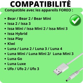 PHONILLICO Charging cable 80 cm compatible with Foreo Luna / Luna 2 / Luna 3 / Luna 4 / Luna Mini / Luna Mini 2 / Luna Mini 3 / Luna Go / Luna Luxe / Bea / Ufo / Kiwi / Issa