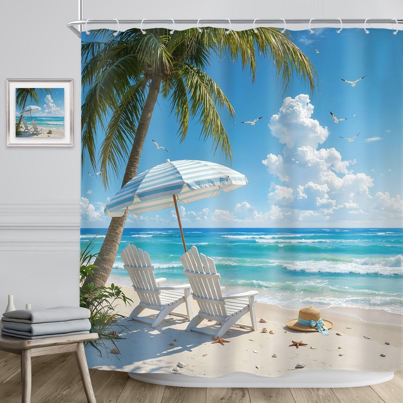Riyidecor Blue Ocean Beach Theme Shower Curtain 72Wx72H Inch Summer