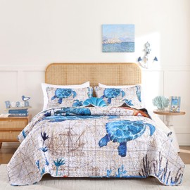 weigelia Coastal Quilts Bedding Set Queen Size - Summer Vintage Sea Turtles Nautical Bedding Quilt with Pillow Cases, Beach Reversible Quilt Set Bedspreads Coverlet Soft Lightweight Comforter