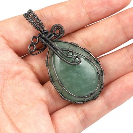 mookaitedecor Natural Green Aventurine Healing Crystal Wire Wrapped Pendant Necklace for Women Men, Water Drop Vintage Semi Precious Gemstone Quartz Crystal Necklace Jewellery Gift