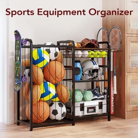 Garage Sports Equipment Organizer, Ball Storage for Sports Gear and Toys, Large Capacity, Sports Organizer for Garage with Hooks and Baskets, Ball Organizer for golf, Football, Soccer Ball, Bat