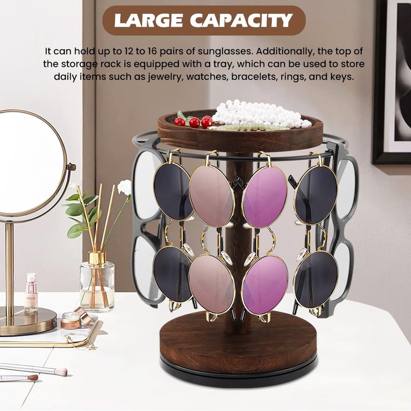 Kazheon 360° Rotating Sunglasses Organizer with Wood Tray and Base,Glasses
