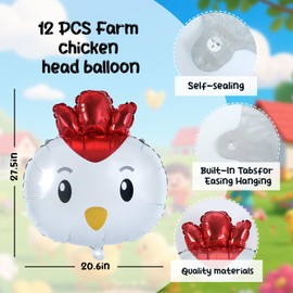 BruinBang 12 PCS Chicken Head Balloons Cartoon Farm Foil Chicken Balloons for Kid Birthday Party, Barnyard Animal Baby Shower Decorations, Inflatable Rooster Chick for Farm Animal Theme Party Supplies
