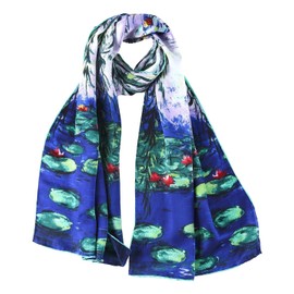 JWSilk Long Charmeuse Silk Scarf Classic Art (Waterlilies by Monet)