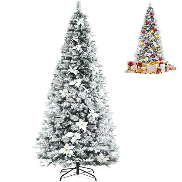 POWERSTONE 8ft Snow White Christmas Tree with Berries and Poinsettia