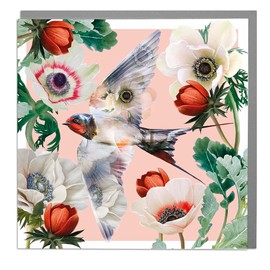 Lola Design - Full Bloom Greeting Cards - Blank Cards and Envelopes - Swallow Bird with Anemones Flowers