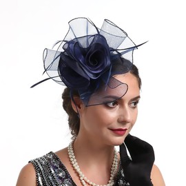Women Fascinators Hat Navy Organza Flower Feather Fascinators Wedding Fascinators Tea Party Hat Flapper Pillbox Fascinator Hat Derby Ascot Hat with Headband Hairclips Headdress Headpieces