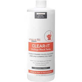 Unique Clear-It RV Black Tank Unclogger Liquid - Breaks Through Pyramid Plugs, Compacted Tanks, and Clogged Pipes (32 oz)