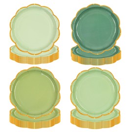 EVYIENEN Pack of 48 Sage Green Party Plates, 18 cm Disposable Dessert Plates with Gold Foil Colour Gradient in Fan-shaped Design, for Bridal Shower, Girls, Baby Shower, Graduation & Wedding