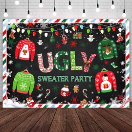 AIBIIN 7x5ft Christmas Ugly Sweater Party Backdrop Snowflake Black Christmas Winter Elfed Photography Background Xmas Holiday Festival Party Decorations Banner Photo Studio Props