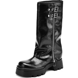 TEAIEUI Women's Knee High Boots Comfortable Platform Round Toe Moto Boots Buckle Dress Fold Over Boots for Women Black 6.5