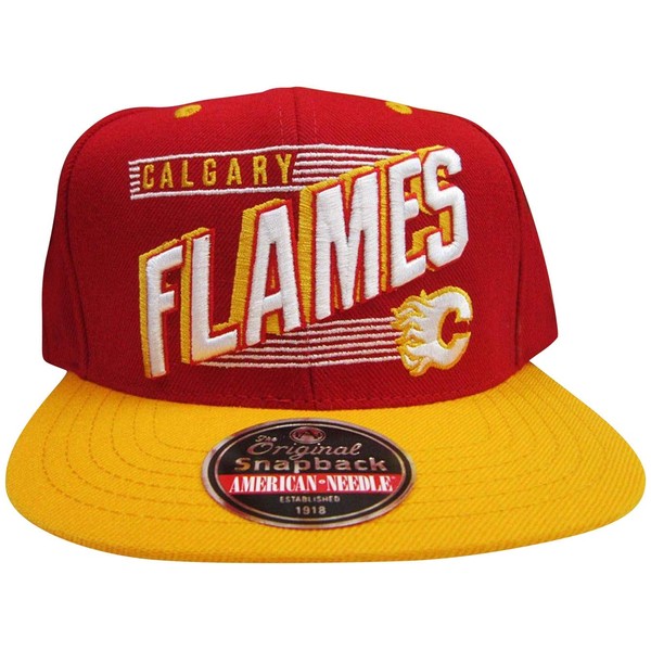 AMERICAN NEEDLE Calgary Flames Red/Yellow Two Tone Snapback Adjustable Plastic Hat/Cap