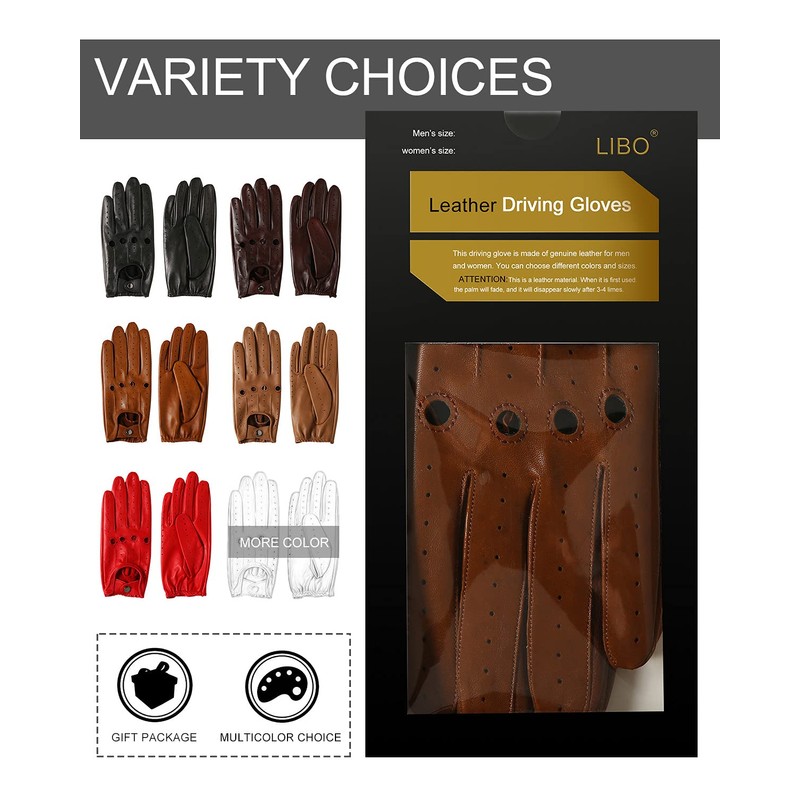 LIBO Genuine Leather Driving Gloves for Men Women, Unlined Full