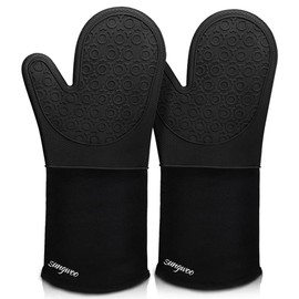 sungwoo sungwoo Extra Long Silicone Oven Mitts, Heat Resistant Oven Gloves with Quilted Liner Non-Slip Textured Grip Perfect for BBQ, Baking, Cooking and Grilling - 1 Pair 14.6 Inch Black