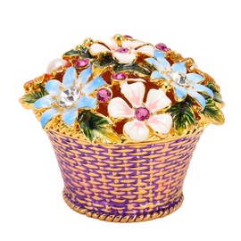 Flower Basket Jewelry Box Exquisite Vintage Hand Painted Metal Trinket Box with Rhinestones for Ring Earring Jewelry