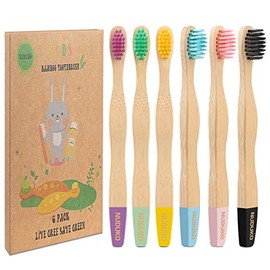 NUDUKO Kids Toothbrush Bamboo Toothbrushes 6 Pack - Organic Compostable Tooth Brush Wooden Baby Toddler Toothbrush, Eco-Friendly Natural Biodegradable