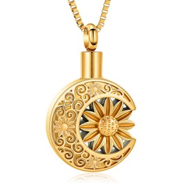 XSMZB Sunflower Moon Urn Necklace for Ashes Stainless Steel Funeral Cremation Jewelry for Human Pet Keepsake Ashes Pendant(Gold)