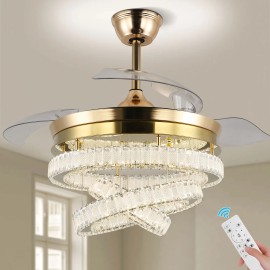 42'' Modern K9 Crystal LED Ceiling Fan with Light Gold Remote Control and Memory Function Chandeliers & Pendant LightsLamp Power(W): 72, Number of Lights: LED, Shade  color: Gold, Design Style: Modern