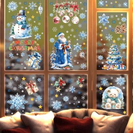 FOSDICK 9 Sheets Christmas Window Stickers, Christmas Window Decorations, Snowflake Santa Claus Christmas Window Clings, Double Sided Static Xmas Window Stickers, Glass Stickers for Windows,Door