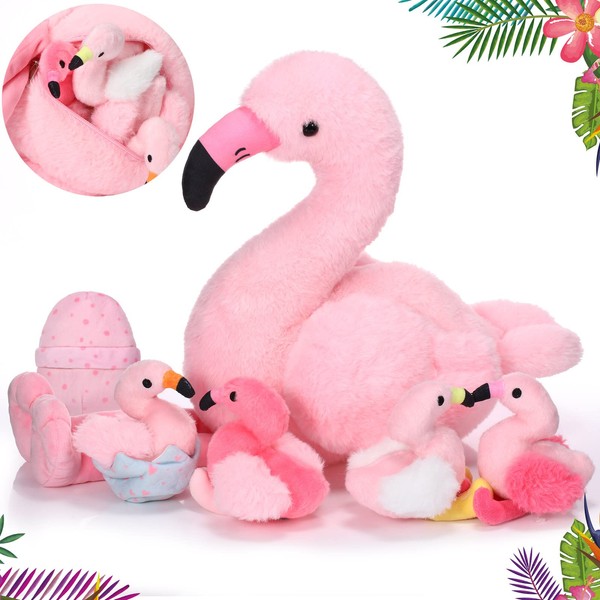 Skylety 6 Pieces Plush Flamingo Stuffed Animal 20 Inch Mommy Stuffed Flamingo with 4 Baby Flamingo and 2 Eggs Pink Flamingo for Decoration Valentines Party Favors Girls Christmas