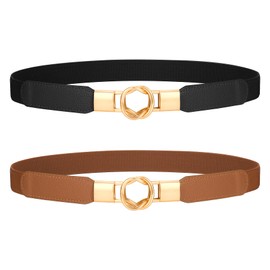 JasGood Women's Thin Elastic Waist Belt Stretchy Retro Hook Belt for Dress, 2-Black/Brown