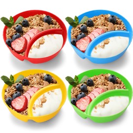 Teenyyou 4 Pcs Divided Cereal Bowls Anti Soggy Cereal Bowl with Divider Plastic Separate Milk Container Microwave Dishwasher Safe Stackable Snack and Dip Container for Chips Nuts, 4 Colors