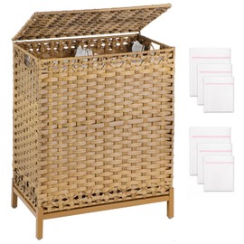 SETVSON Laundry Hamper with Lid, 112 L Handwoven Rattan Wicker Laundry Basket, 2 Removable Liner Bags Metal Heightened Feet, 6 Mesh Bags, 2 Section Large Clothes Hamper for Bathroom Bedroom, Natural