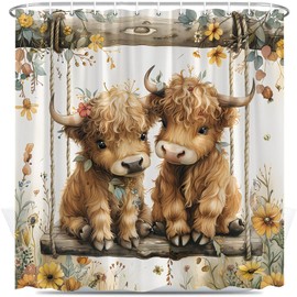 Cute Highland Cow Shower Curtain Western Country Farmhouse Longhorn Cows Rustic Floral Funny Farm Polyester Fabric Bathroom Decor Sets with Hooks 70X70 Inch