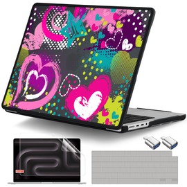 DONGKE for MacBook Pro 14 inch Case 2024-2021 Release M4 M3 M2 M1 Pro/Max Chip, Anti-Cracking & Anti-Fingerprint Plastic Hard Shell Cover with Soft Rubber Bumper for Teen Girl, Graffiti Heart
