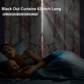 Birds and Pink Floral Soundproof Blackout Curtains for Girls Room and Nursery, Blackout Curtains for Bedroom 63 Inches Long, Light Filtering Thermal Insulated Black Out Privacy Curtains 2 Panels Set