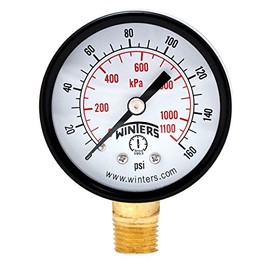 Winters 2 inch Dial Size, Multi Function Economy Utility Dry Pressure Gauge, Brass Internals, Black Steel Case, Dual Scale 0-160 psi/kPa, 3-2-3% Accuracy, 1/4 inch NPT Bottom Mount, Pressure Gauge